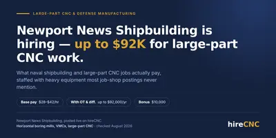 Newport News Shipbuilding CNC machinist pay — $28 to $42 per hour, up to $92,000 a year, $10,000 bonus