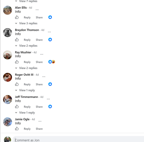 Machinists commenting INFO on the James Tool job post, each with a reply underneath