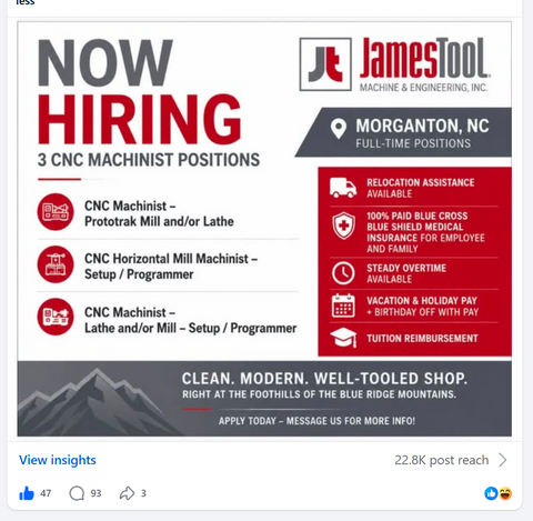 Facebook insights for the James Tool job post: 22.8K post reach, 47 reactions, 93 comments, 3 shares